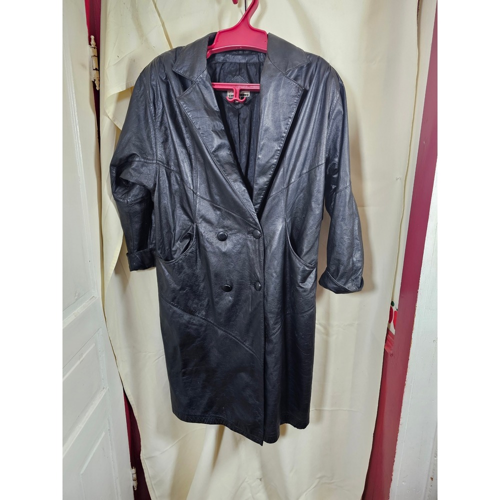 Diana Marco Vintage Black Genuine Leather Trench Coat Double Breasted Size 18